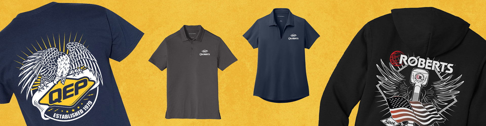 QEP and ROBERTS brand t-shirts, hoodies, and polo shirts