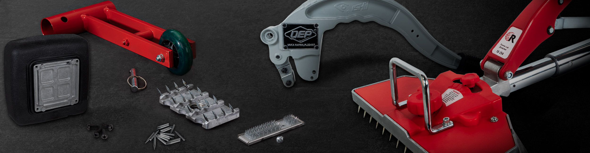 A collection of QEP and ROBERTS flooring tool replacement parts, including carpet stretcher components, knee kicker parts, and a tile cutter handle