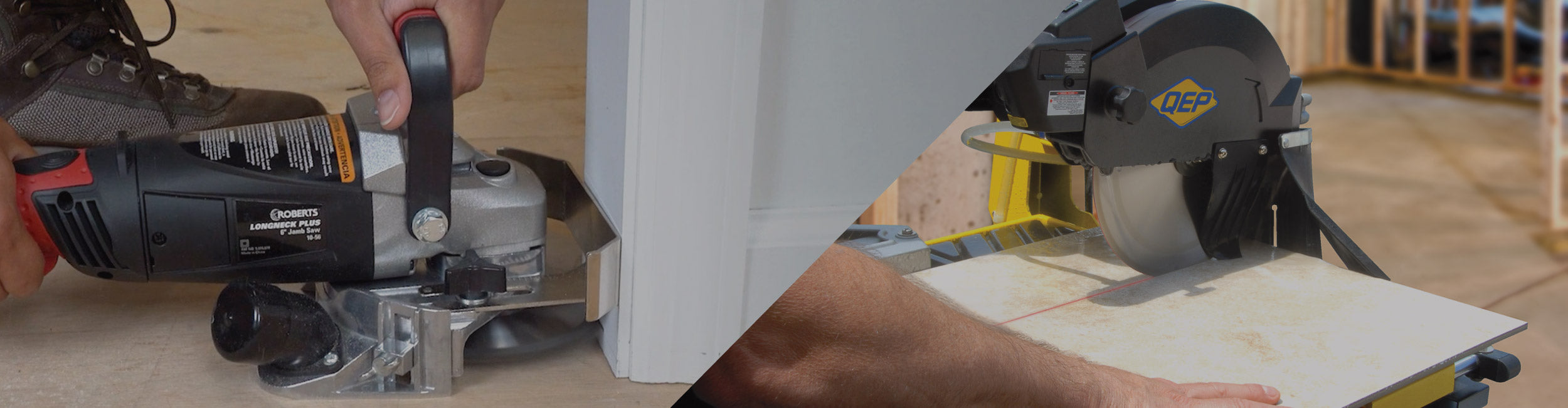 Split image of a flooring installer cutting a door jamb with a ROBERTS Longneck Jamb Saw and and a tile installer rip cutting tile using a QEP Wet Tile Saw with a laser guide
