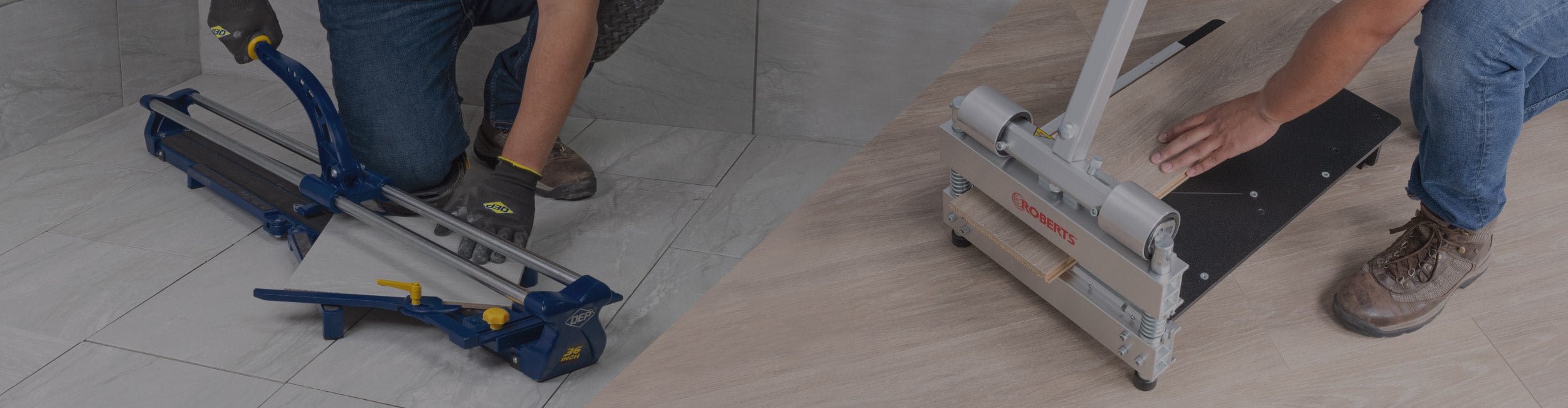 Split image of a tile installer scoring gray tile diagonally with a QEP 36" Slimline tile cutter and a flooring installer cutting vinyl plank with a ROBERTS 18" PrecisionCuts™ Pro Multi-Floor Cutter