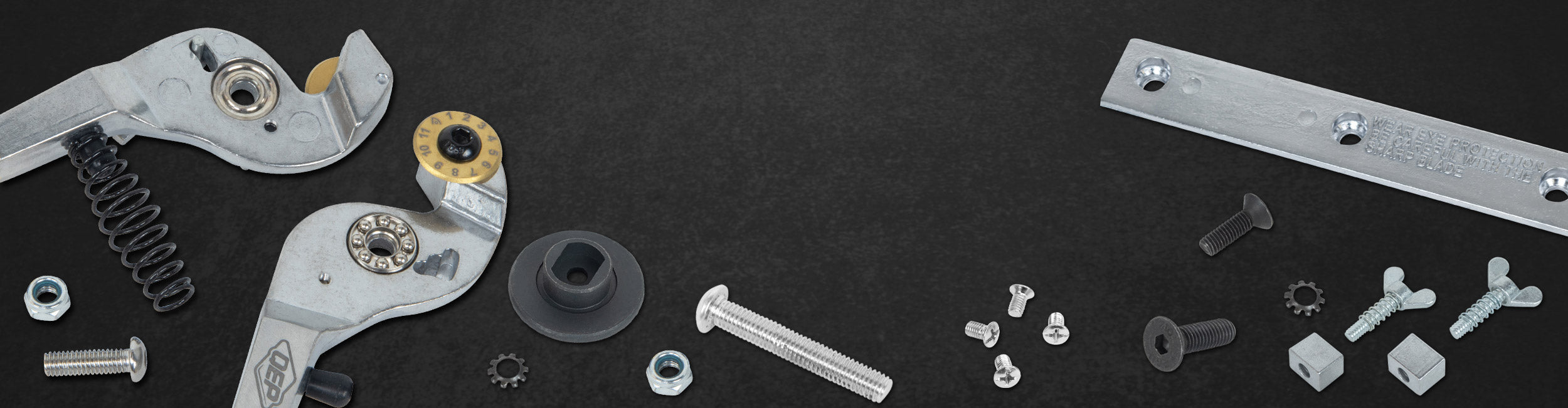 A collection of replacement hardware for QEP and ROBERTS flooring installation tools