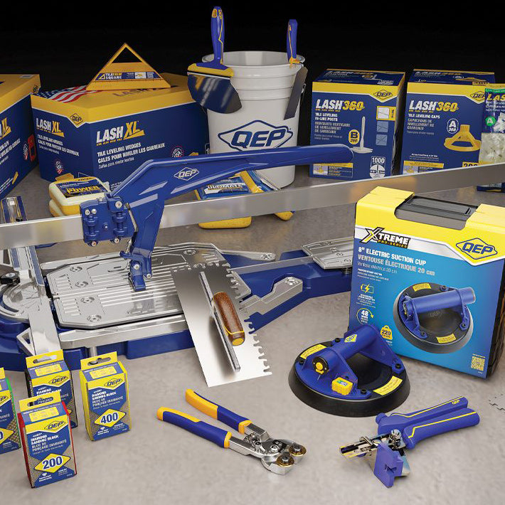 A variety of QEP tile cutting, leveling, grouting and other installation tools