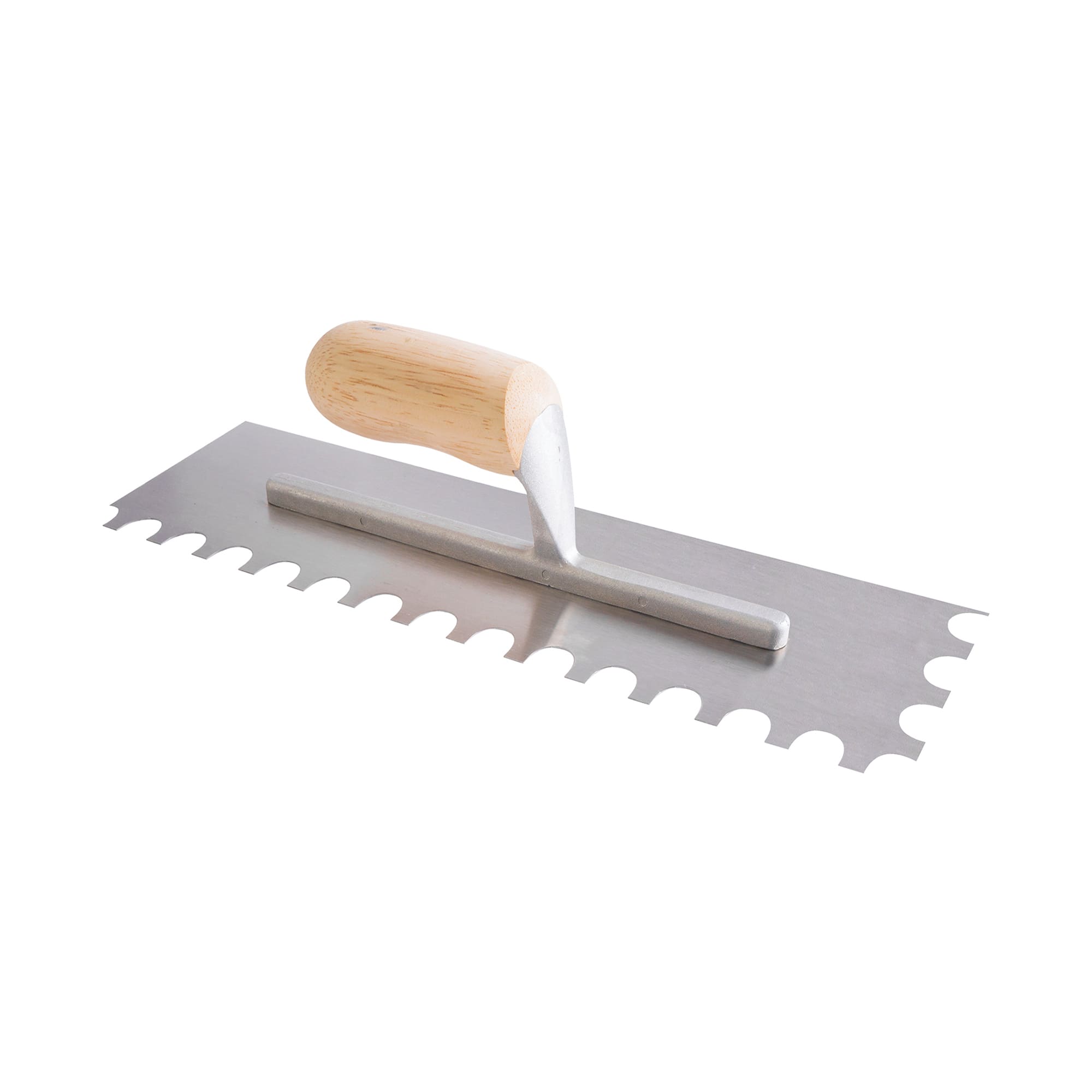 3/4" x 9/16" x 3/8" U-Notch Tempered Steel Trowel w/ Wood Handle - 1