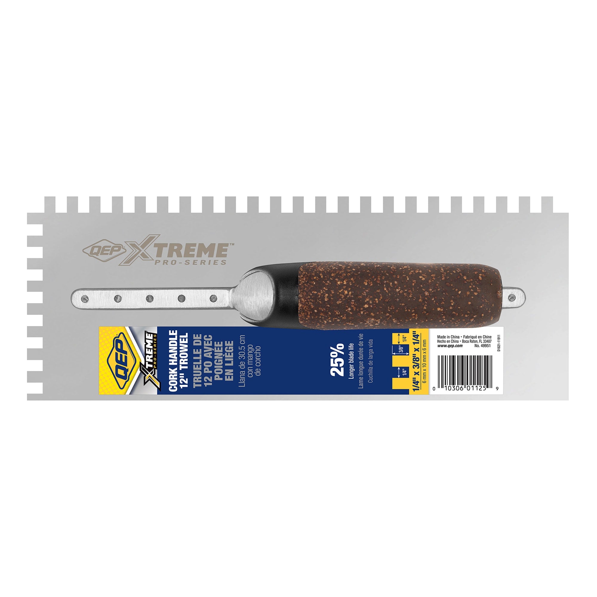 1/4" x 3/8" x 1/4" Cork Handle XL Square-Notch Flooring Trowel - 8
