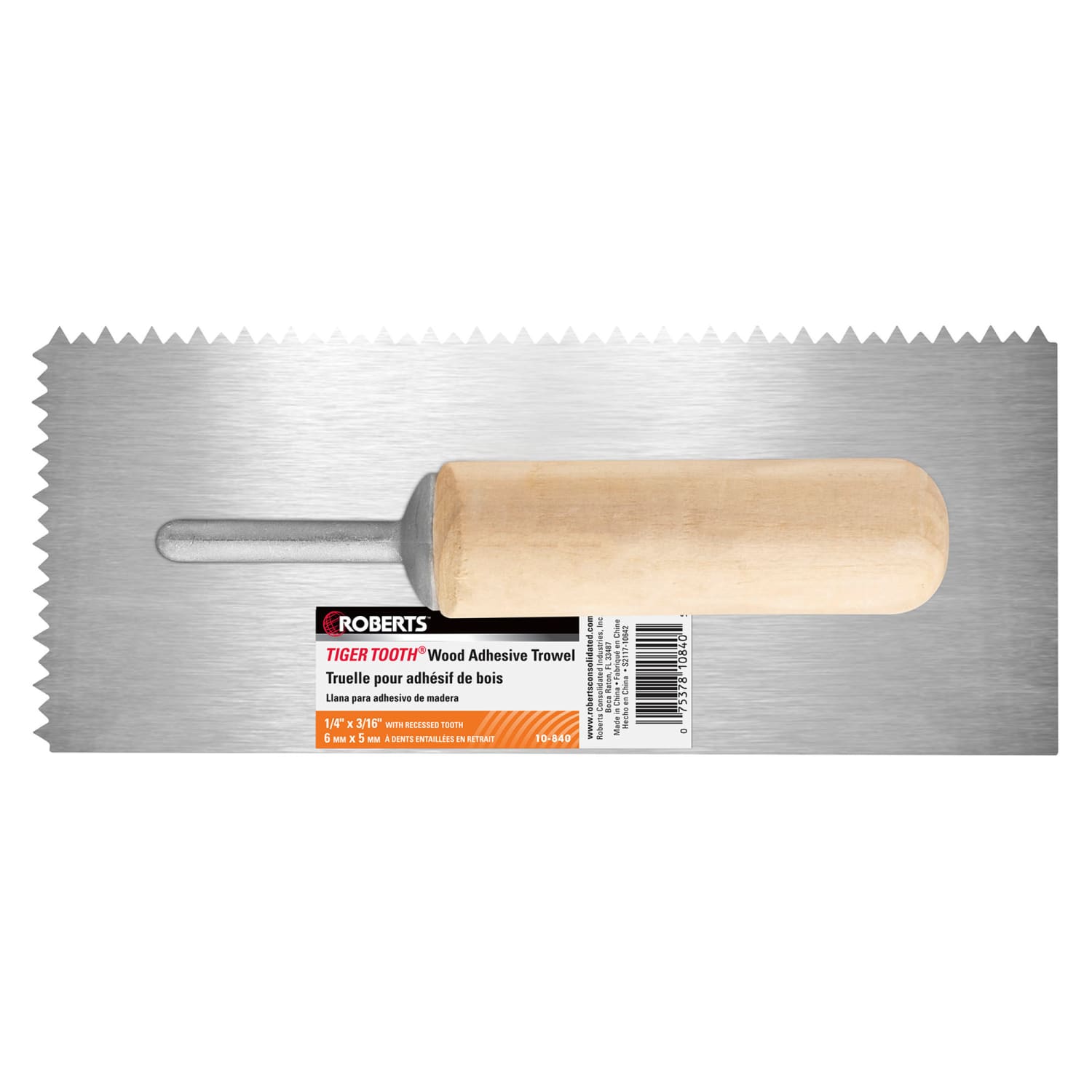 1/4" x 3/16" x 3/32" V-Notch Tiger Tooth Trowel w/ Wood Handle - 5