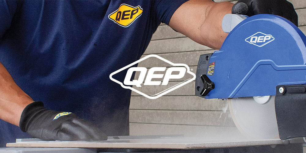 QEP Overhead Tile Saw and SureGrip Tiler’s Gloves in use wet cutting tile